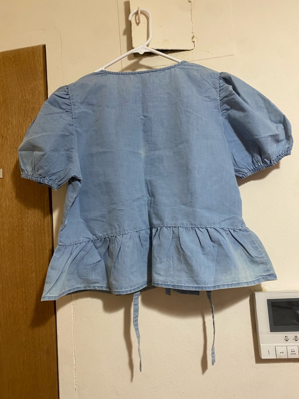 Light Blue Chambray Peplum Blouse with Puff Sleeves